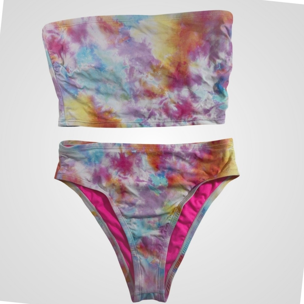 Wild Blue Bikini Set Multi Color Tie Dye Bandeau High Waist Retro Festival L